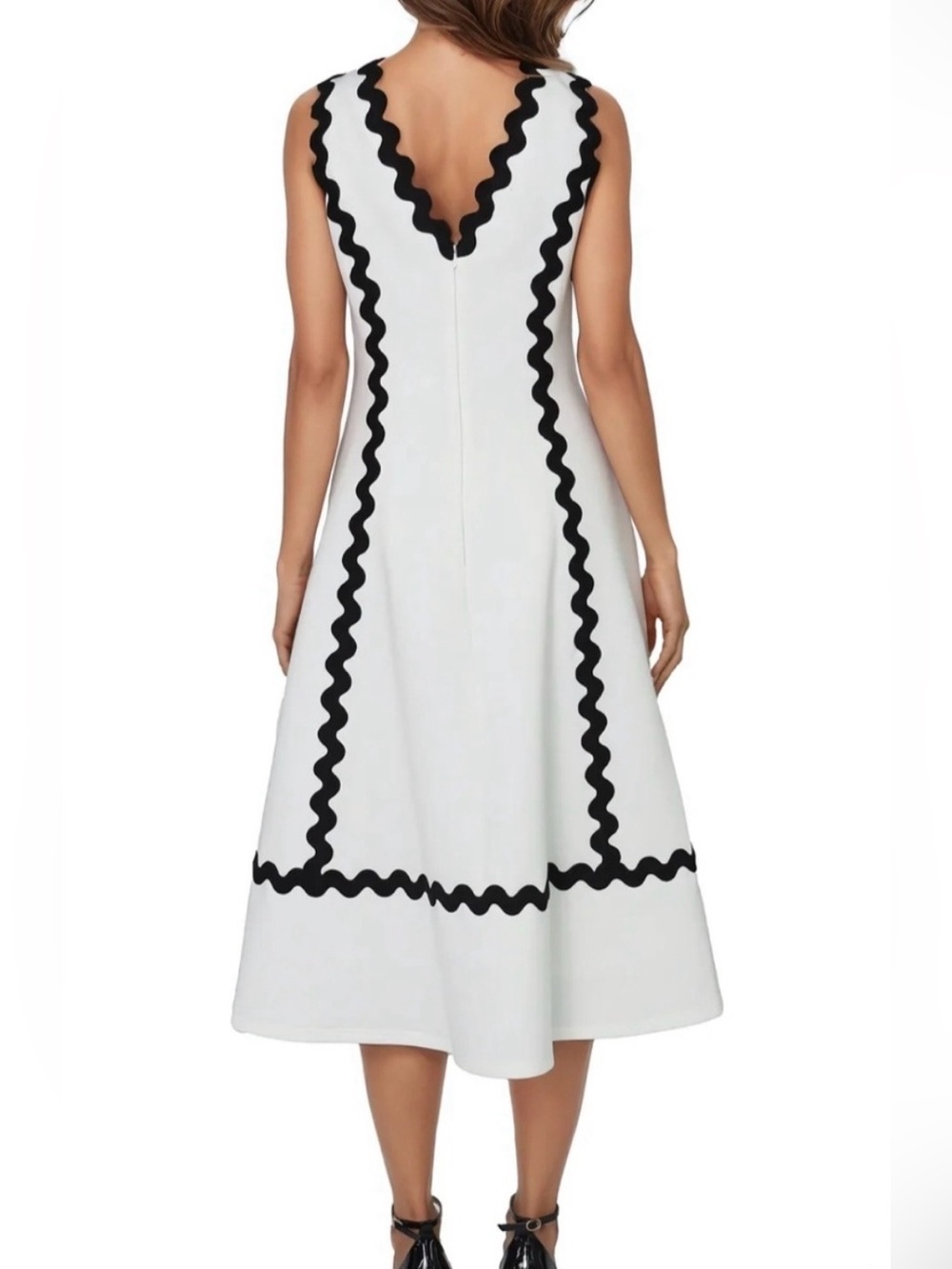 Commense White Midi Dress with Black Scallop Trim - Picture 2 of 7